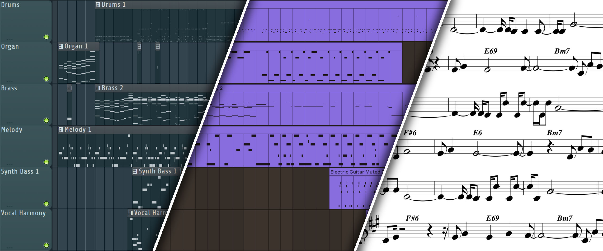 Vocals, bass, piano and other stems of a song, each transcribed to its own MIDI track in a DAW